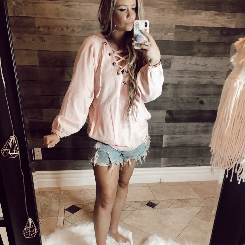 Free people pink lace up hoodie